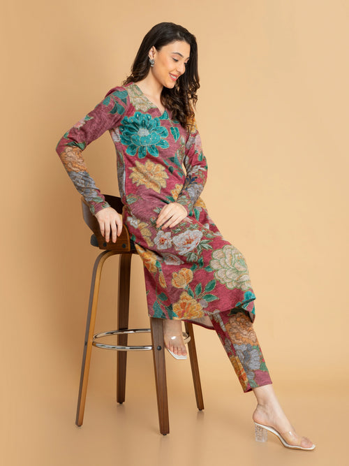 KARACHI DIGITAL FLORAL PRINTED 3PC ALINE SET DETAILED WITH ADDA WORK HIGHLIGHT