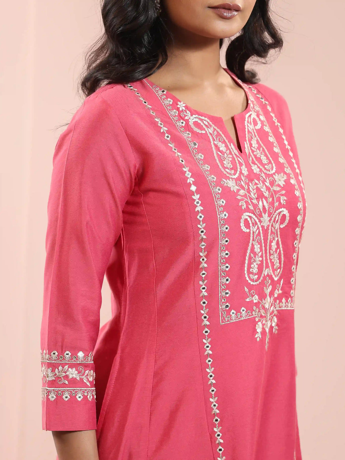 MIRROR EMBROIDERED 3PC FLAIRED KURTA SET PAIRED WITH CHIFON OMBREY DUPATTA