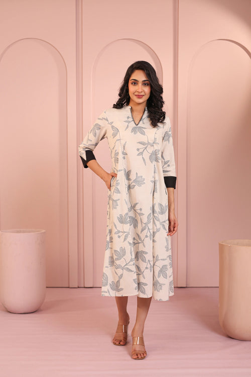 LINEN BLEND KHADI PRINTED FASHION WEAR DRESS EMBELLISHED WITH HAND CRAFT DETAIL
