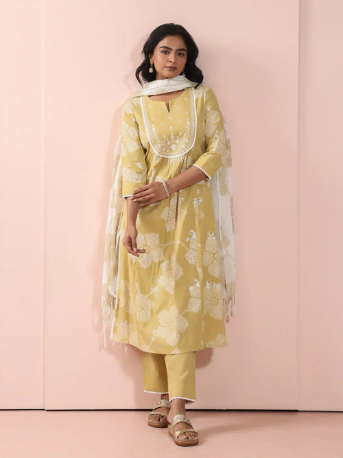 MUL COTTON KHADI FOIL PRINTED 3PC KURTA SET