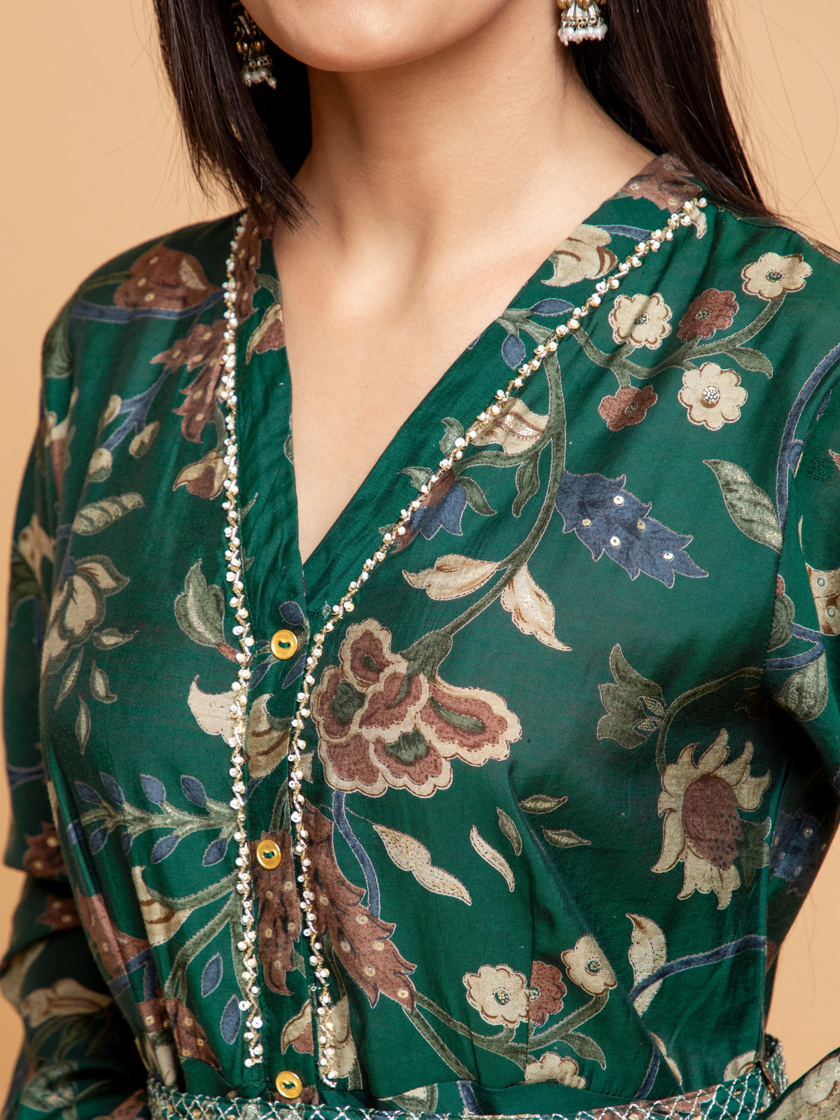 KALAMKARI PRINTED FLAIRED DRESS EMBELLISHED WITH ADDA WORK