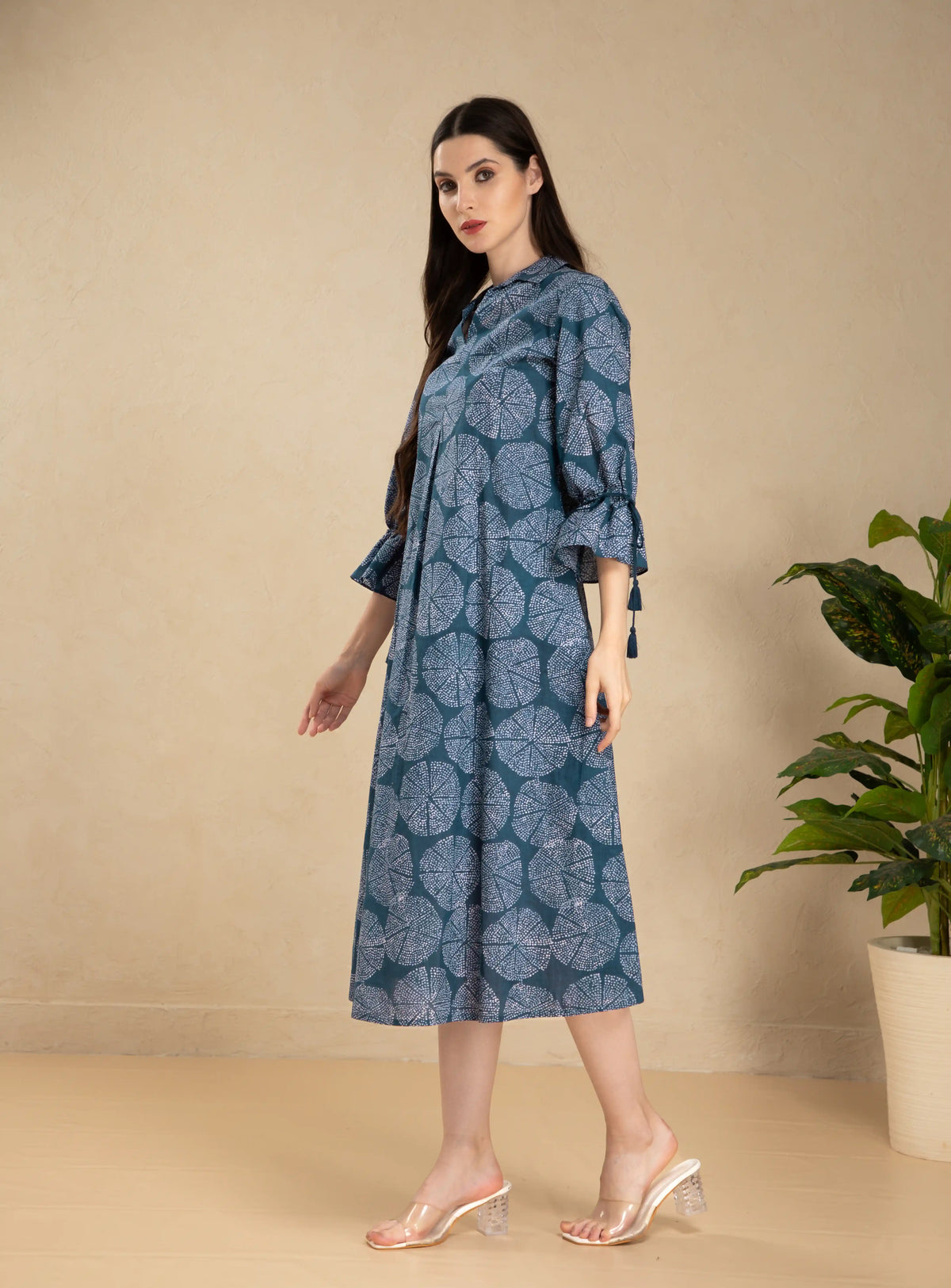 MUL COTTON INDIGO PRINTED FLAIRED DRESS EMBELLISHED WITH DORI LATKAN