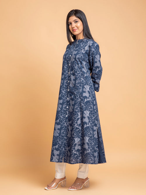 SILVER FLORAL PRINTED A-LINE PRINCESS CUT KURTI