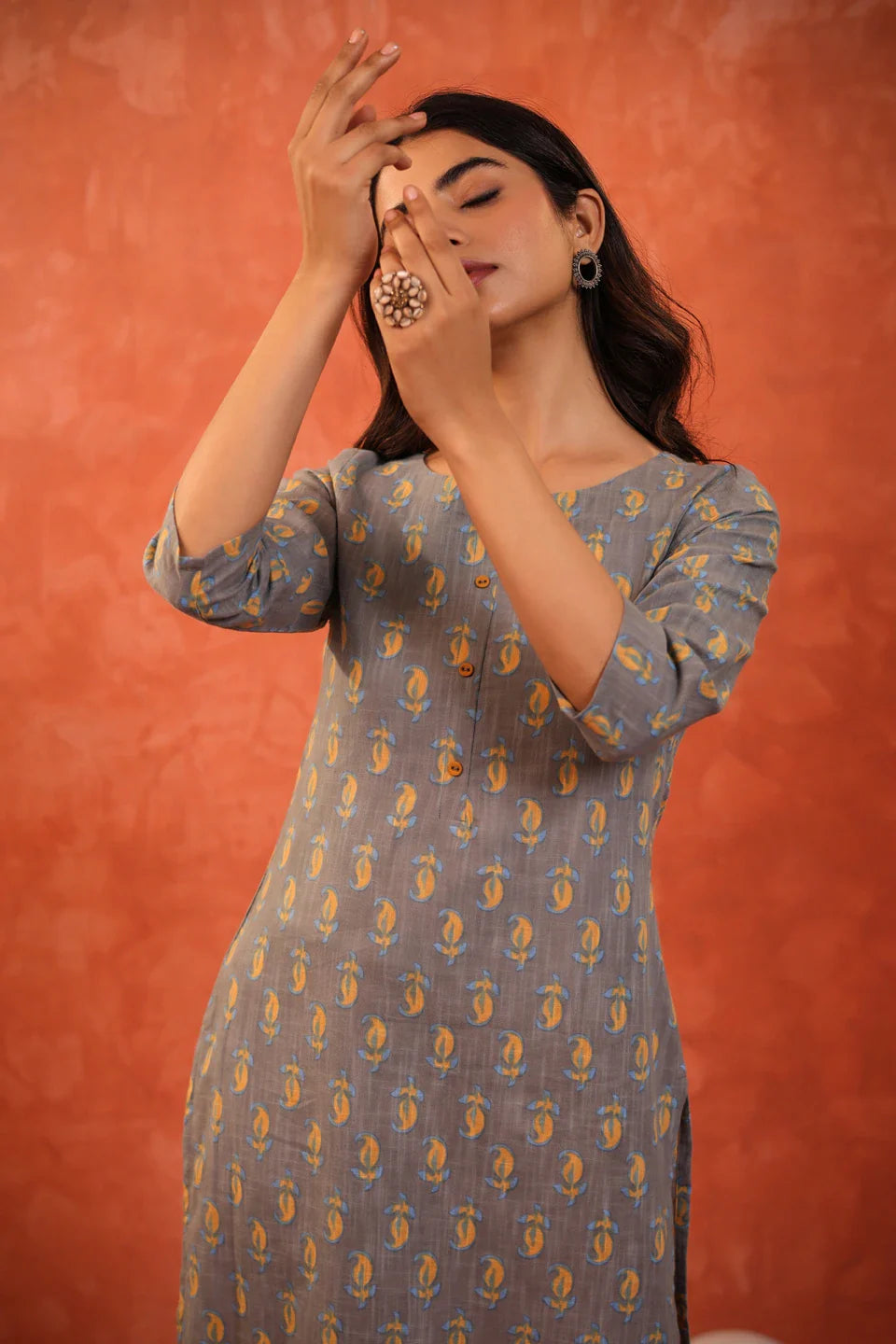 Women Blue Color dabu-printed-boat-neck-single-kurti