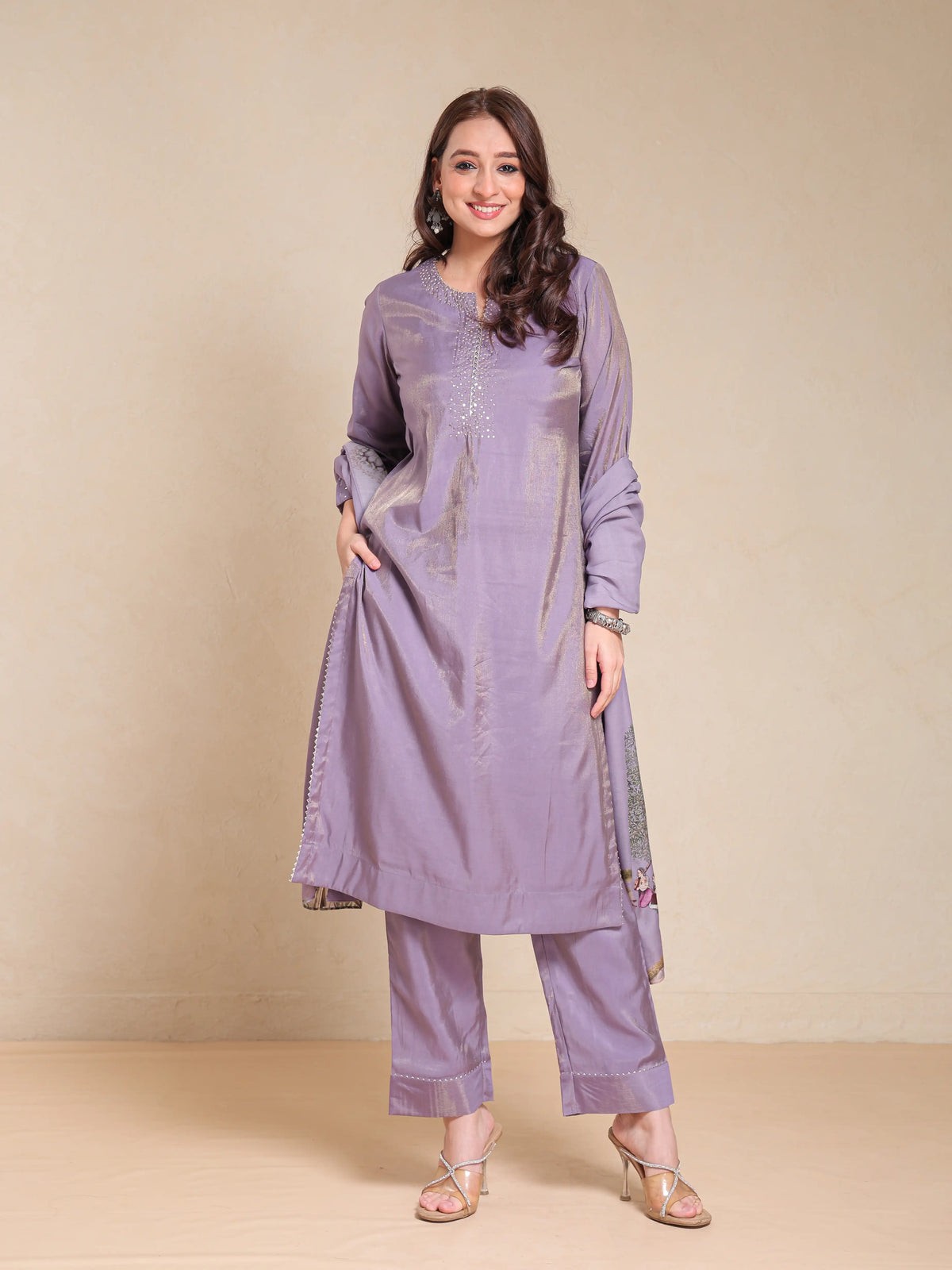 SHIMMER SILK 3PC KURTA SET WITH SEQUENCE WORK PAIRED WITH DIGITAL FLORAL PRINTED DUPATTA