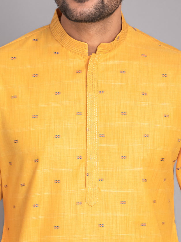 SUTI MEN'S GOLDEN YELLOW CHAMBRY JACQUARD NECKLINE EMBROIDERED LONG KURTA