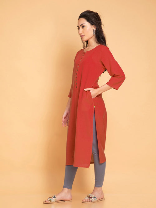 Linen Blend Long Kurti with Metal Buttons