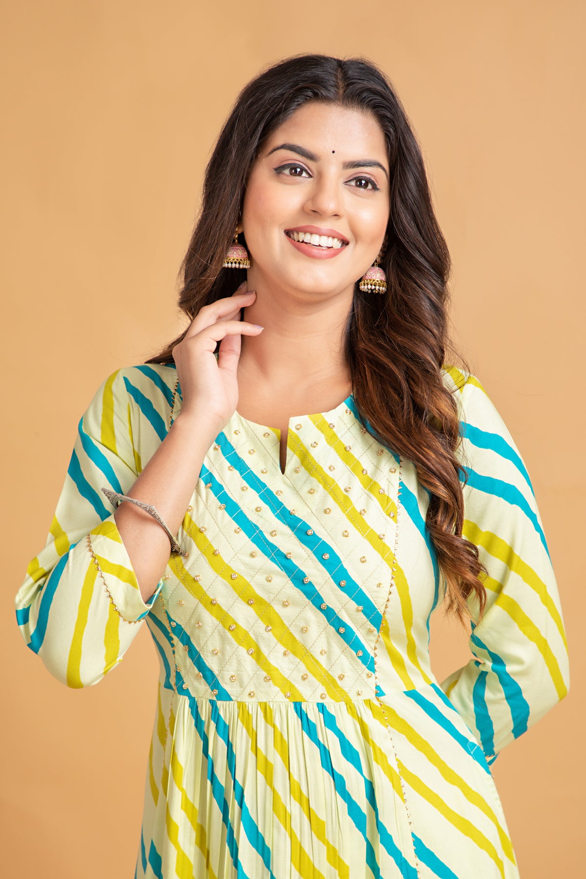 Lehariya Printed Flared Long Kurti with Pant