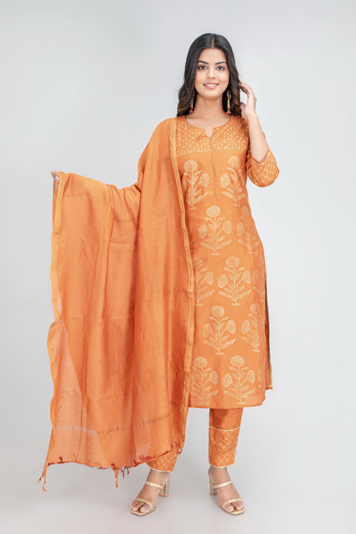 Silk Hand-Block Printed 3Pc Kurta Set with Chanderi Dupatta