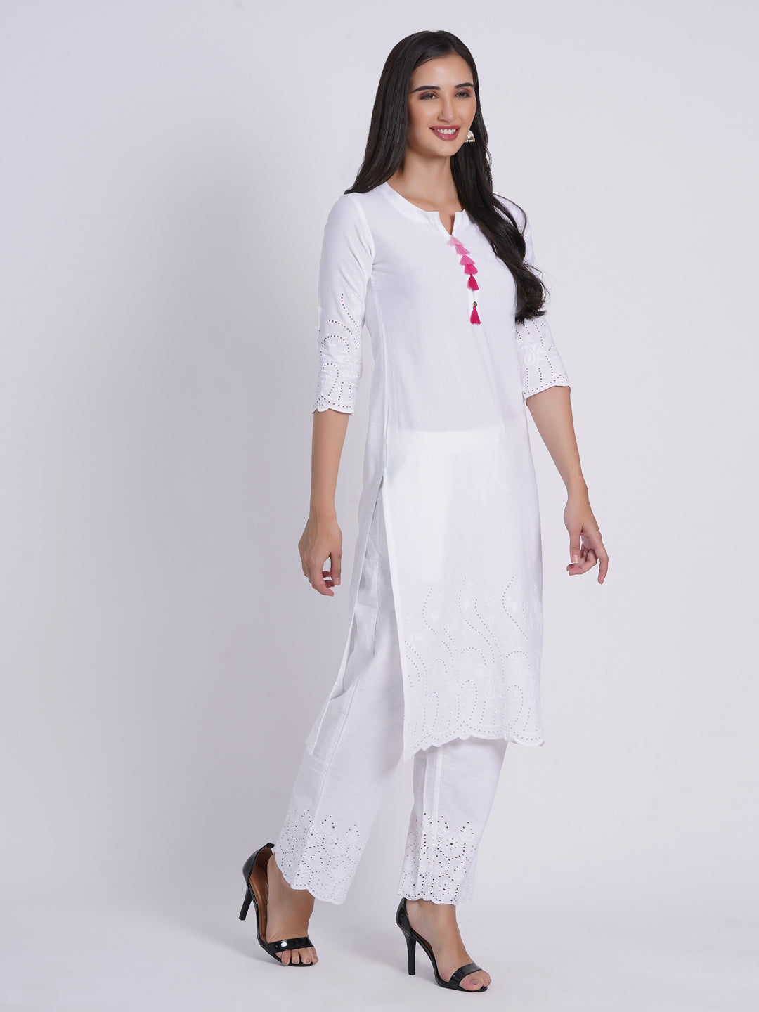 Rayon Linen Long Kurti With Schiffli Embroidery