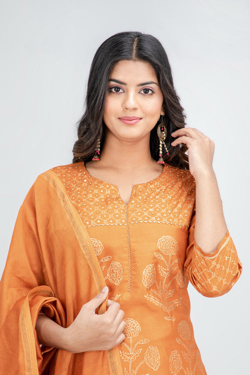 Silk Hand-Block Printed 3Pc Kurta Set with Chanderi Dupatta