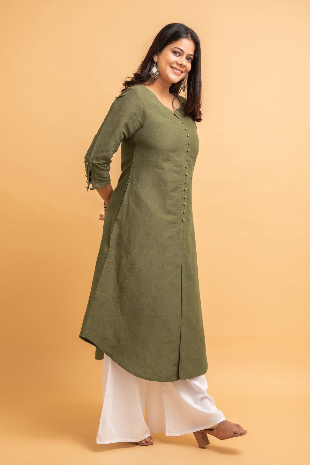 Cotton Linen Long Kurti with Button Detail