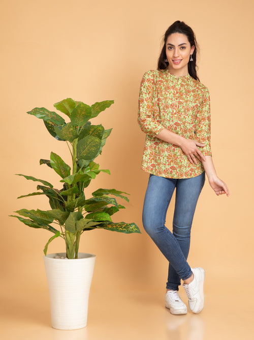 Mul Cotton Floral Printed Short Top with Pintuck Details