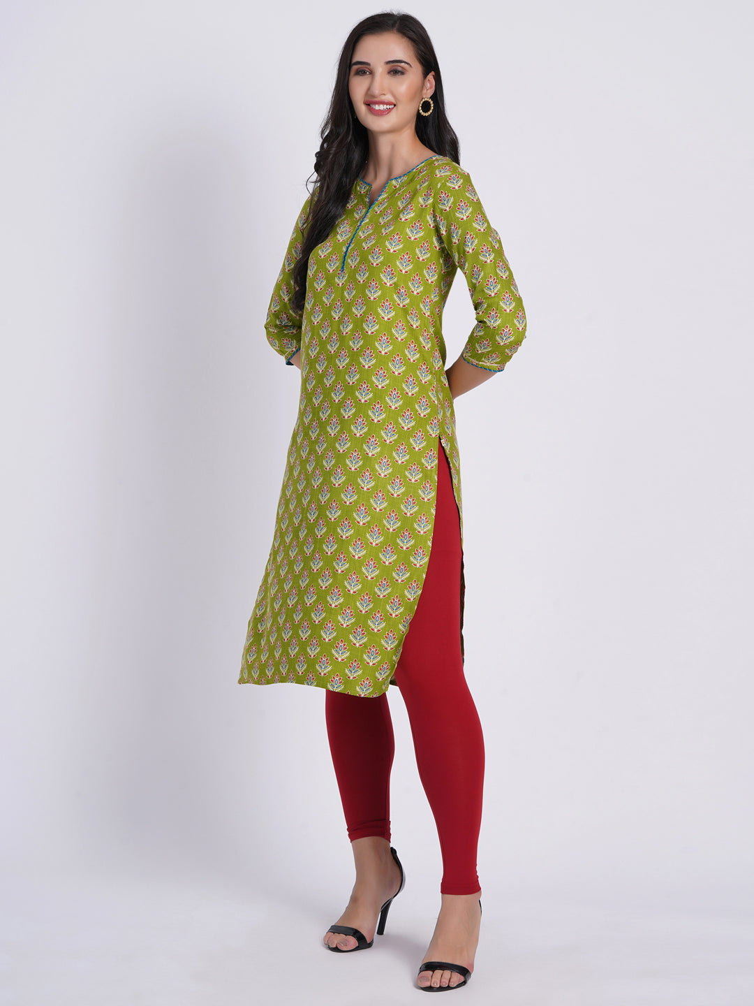 Suti Women Rayon Floral Printed Long Kurti Embellished With Zari Work Details