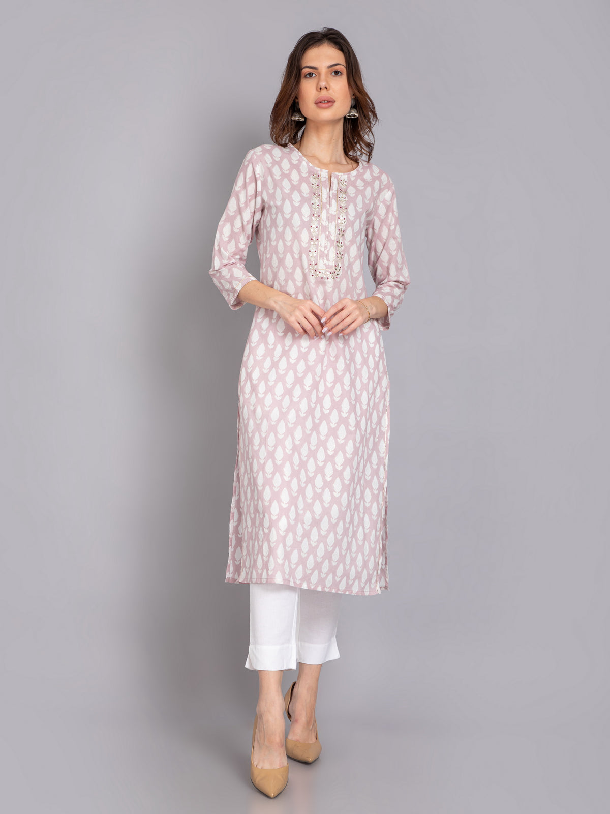 MUL-COTTON PRINTED KURTI WITH GOTA EMBROIDERY & LACE WITH EMBELLISHED DETAILS