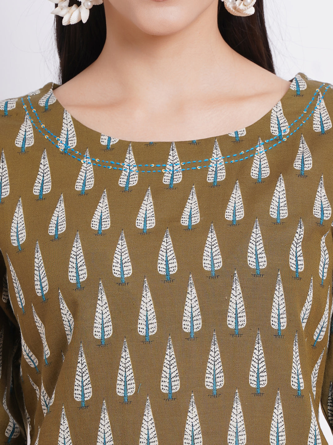 Rayon Linen Printed Boat Neck Kurti with Handwork Details