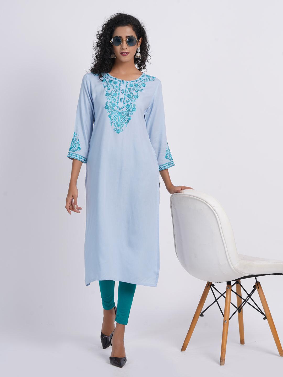 Chikankari Embroidered Rayon Long Kurti with Craft Buttons