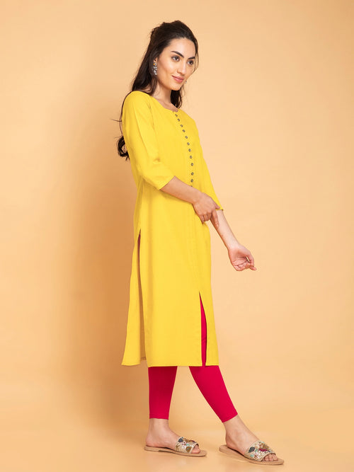 Linen Blend Long Kurti with Metal Buttons