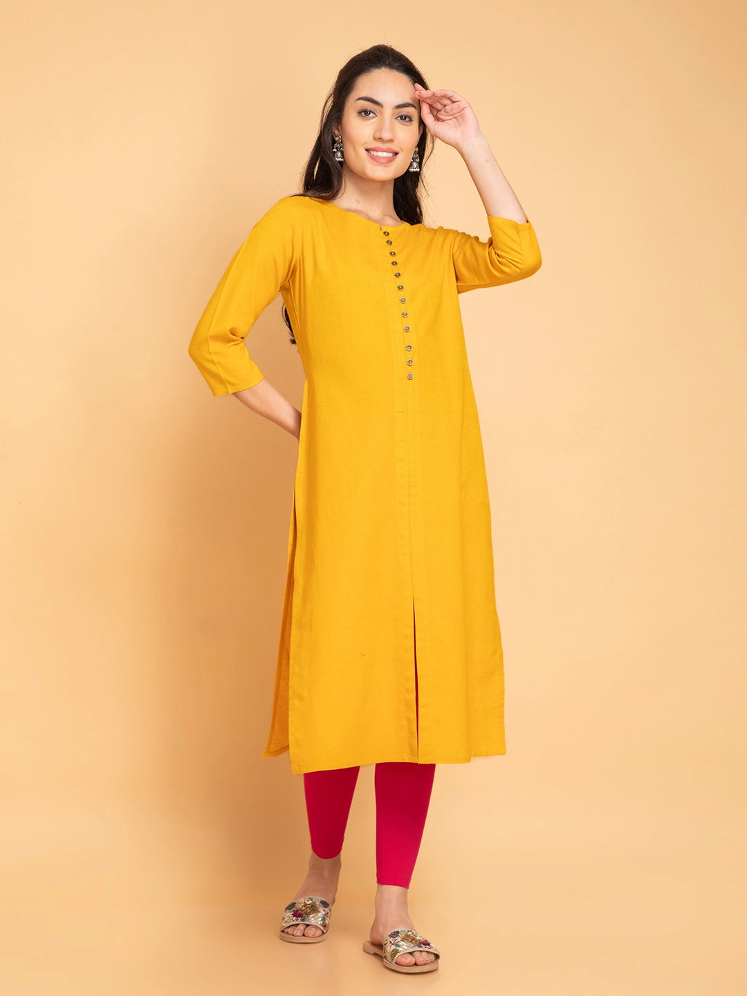 Linen Blend Long Kurti with Metal Buttons