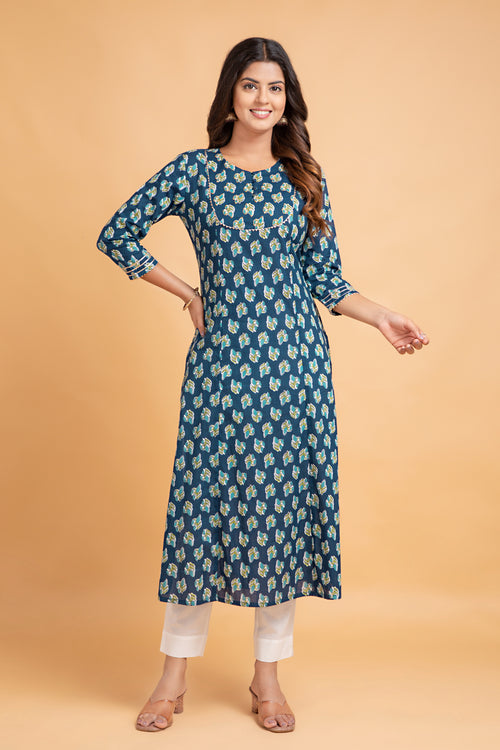 Floral A-Line Long Kurti with Craft Buttons & Lace Work