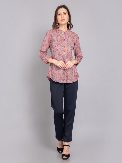 Mul Cotton Floral Printed Short Top with Pintuck Details