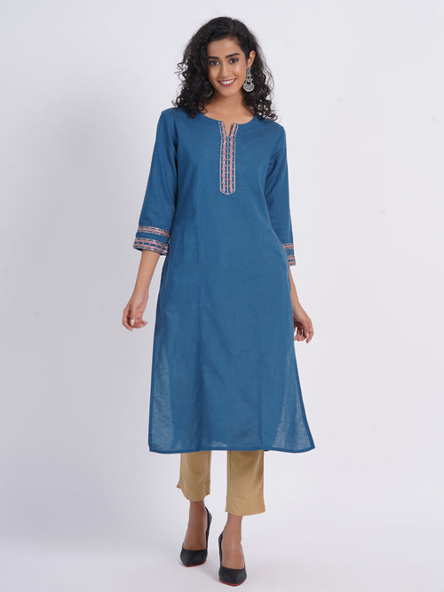 Rayon Linen Blend Princess Kali Kurti with Contrast Embroidery