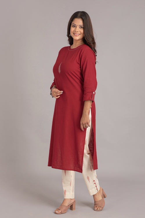 Embroidered Straight Kurti with Printed Trouser