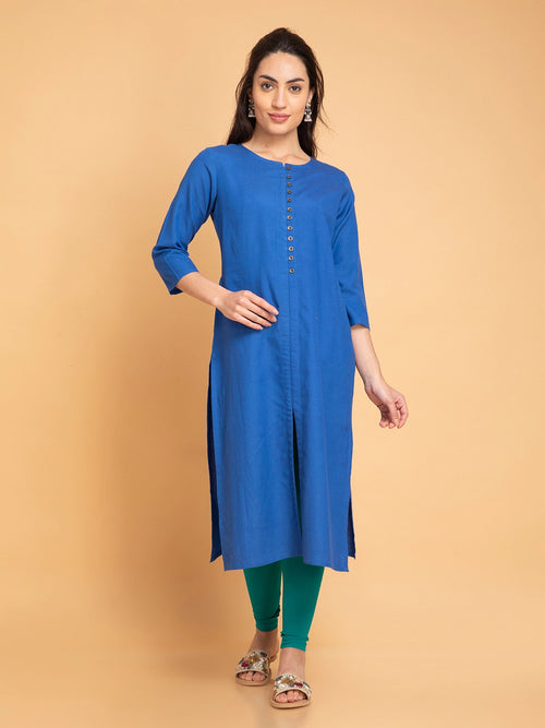 Linen Blend Long Kurti with Metal Buttons