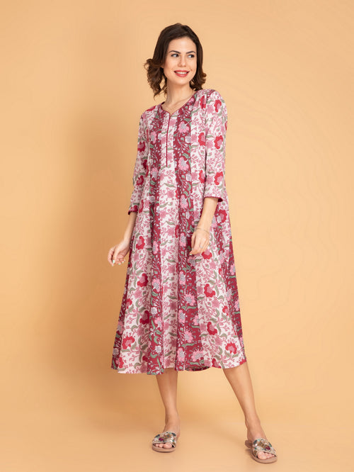 Mul Cotton Printed Kalidar Kurti with Zari Work