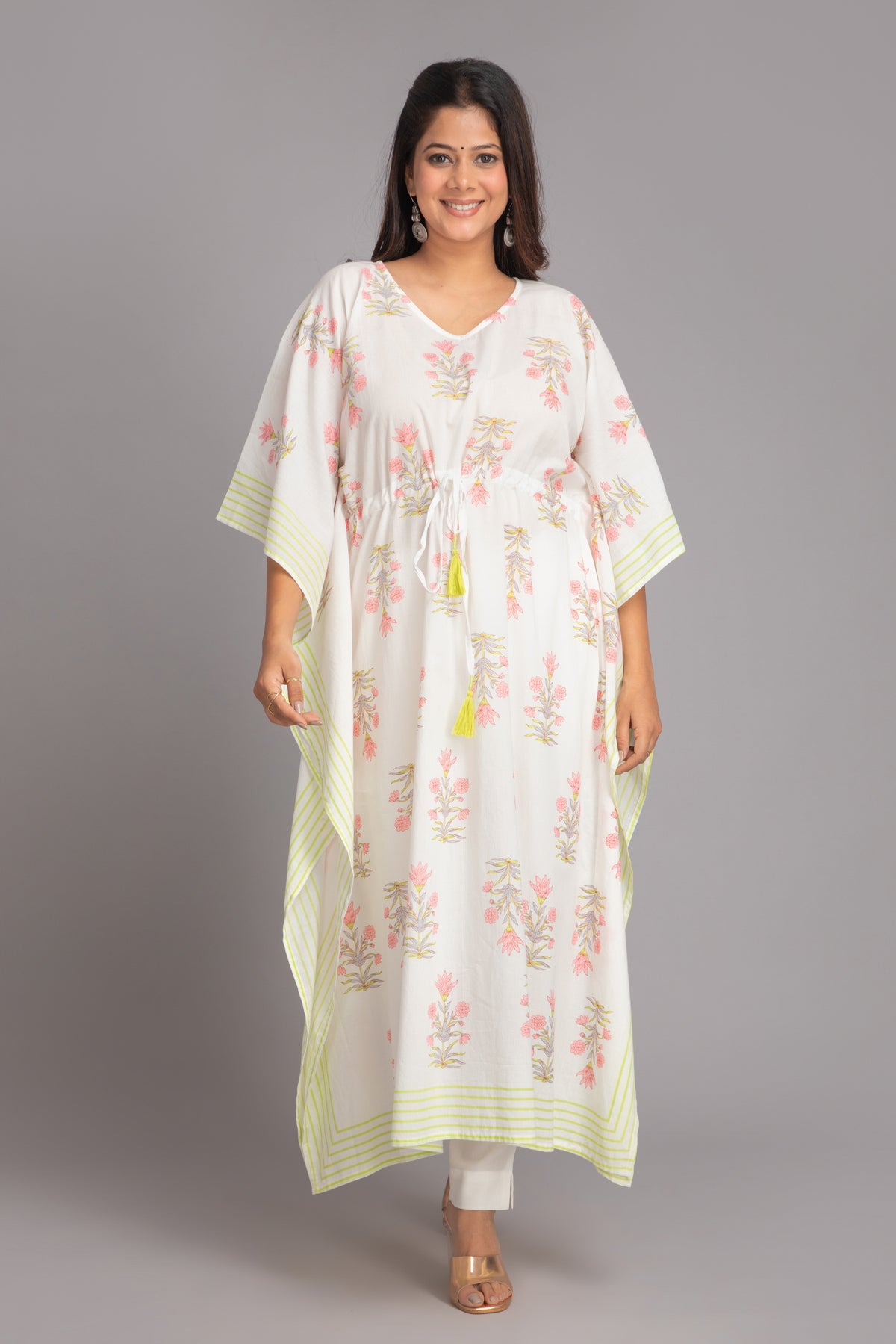 Suti Women Mul Cotton Beautiful Printed Kaftan With Drawstring At Waist