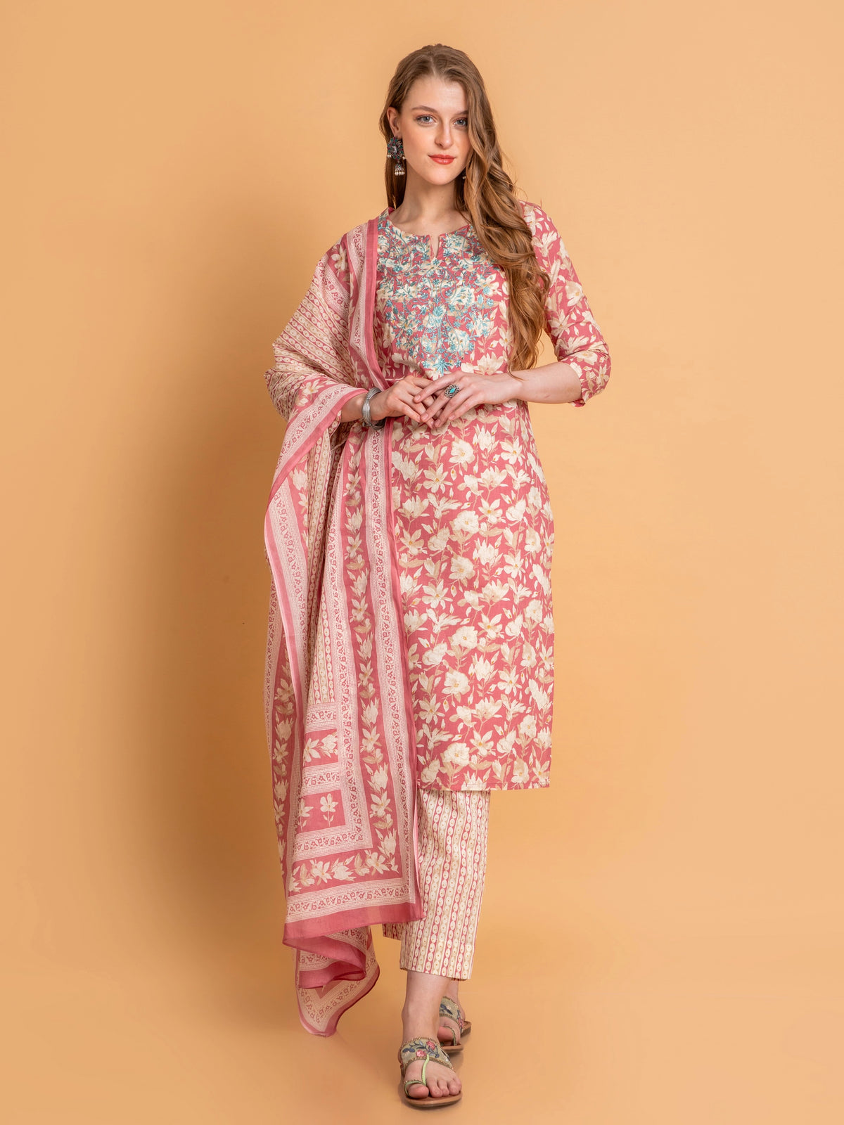 Mul Cotton Floral Printed Embroidered 3Pc Kurta Set