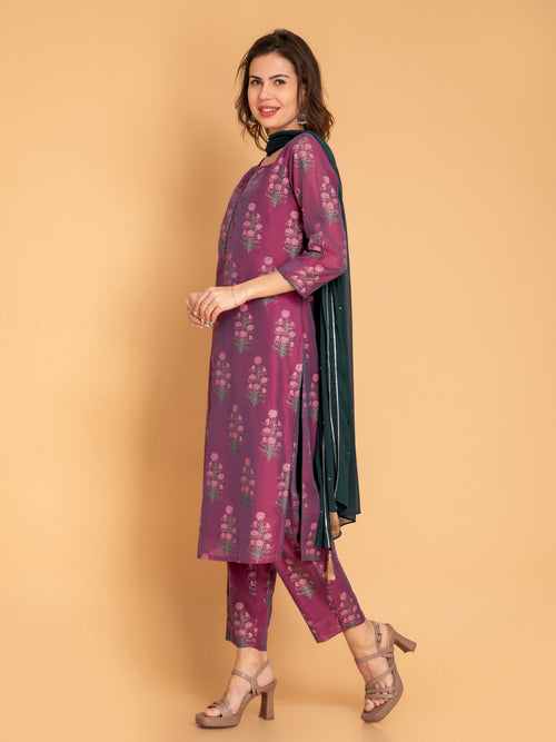 CHANDERI SILK PRINTED 3PCS KURTA PANT SET EMBELISSHED WITH HANDWORK DETAILS