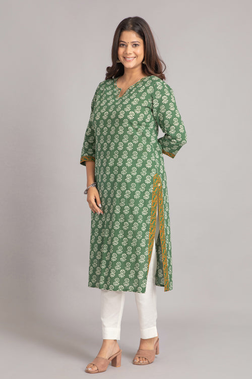 Mul Cotton Printed Long Kurti with Kantha Work