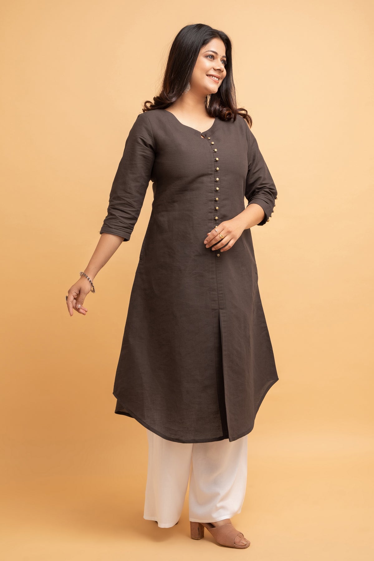 Cotton Linen Long Kurti with Button Detail