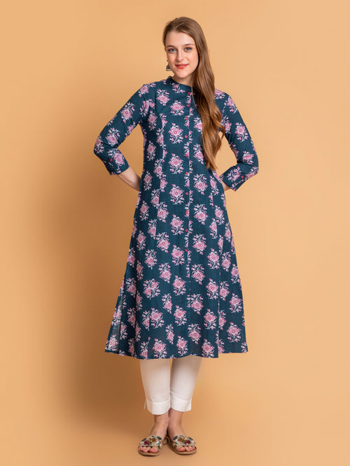 FLORAL PRINTED A-LINE KURTI EMBELLISHED WITH BUTTON DETAILS