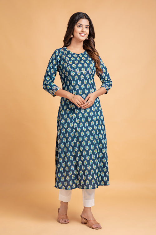 Floral A-Line Long Kurti with Craft Buttons & Lace Work