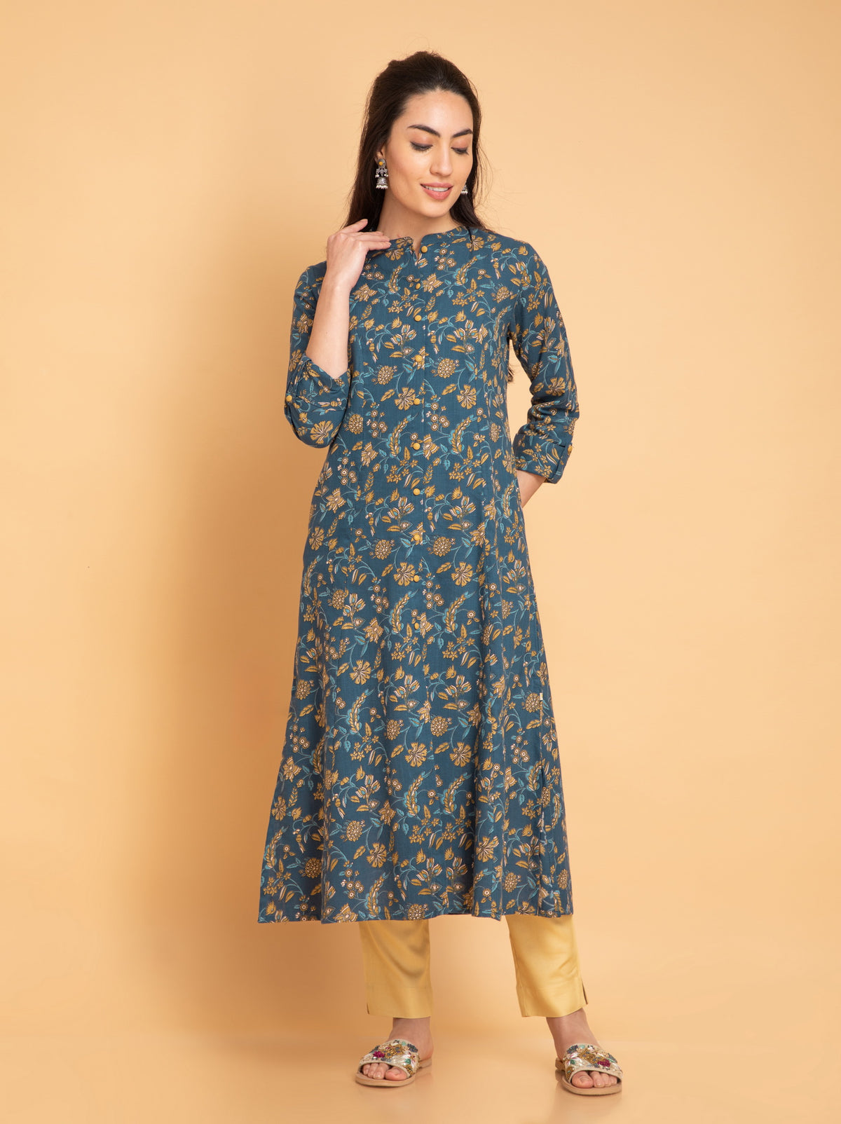 Cotton Slub Kalamkari Print A-Line Long Kurti