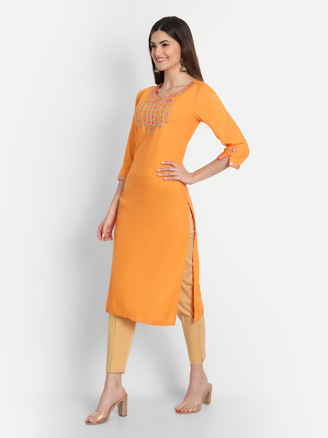 SUTI WOMEN RAYON EMBROIDERED MIRROR WORK STRAIGHT LONG KURTI