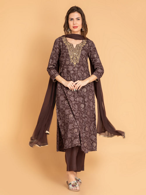 A-Line Gold Printed 3-Piece Kurta Set with Zari Embroidery