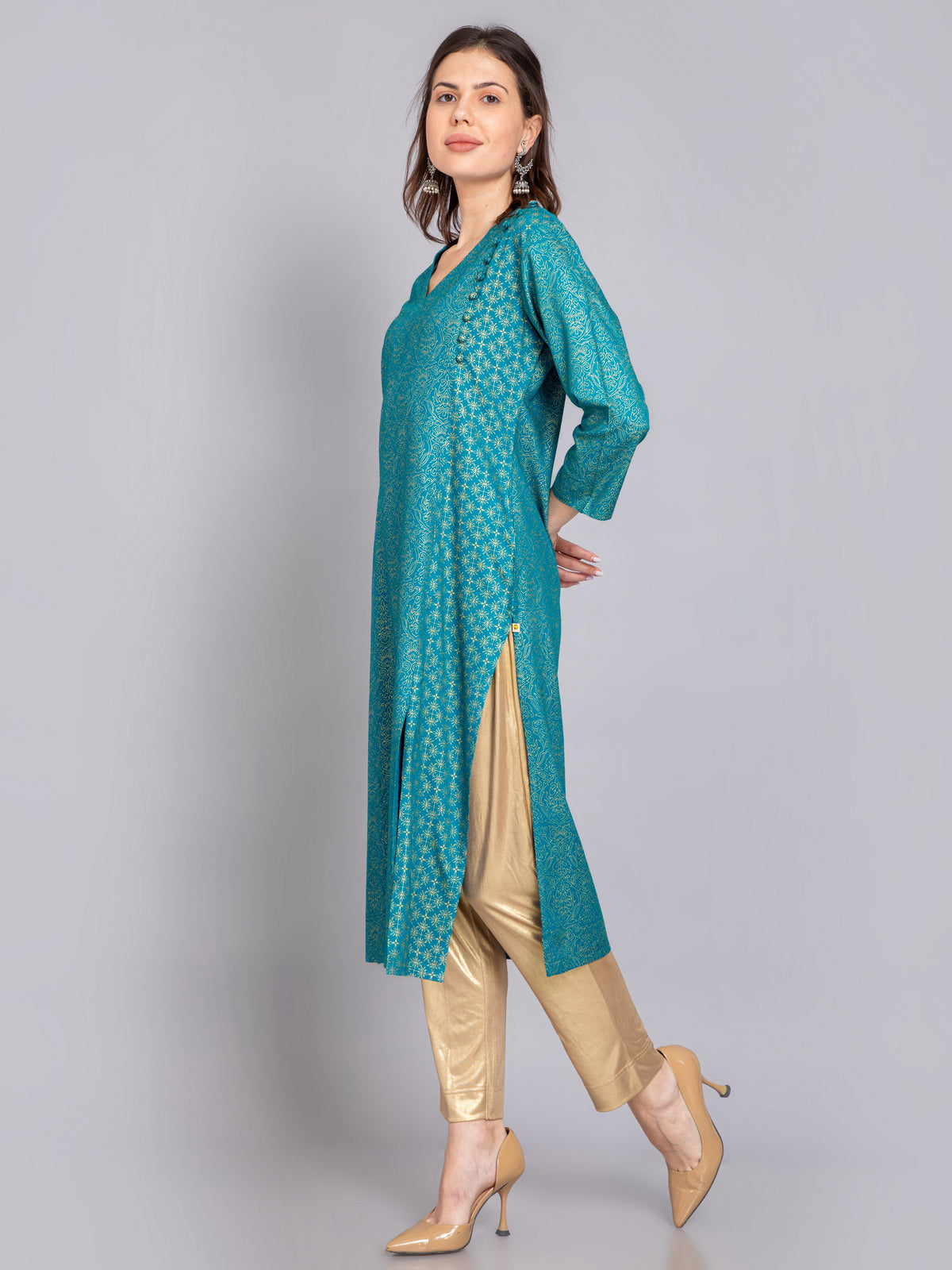 GOLD PRINTED FESTIVE LOOK KURTI EMBELLISHED WITH CRAFT BUTTONS