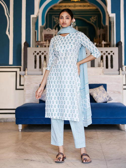 Hand Printed 3-Piece Kurta Set with Sequined Mirror Work