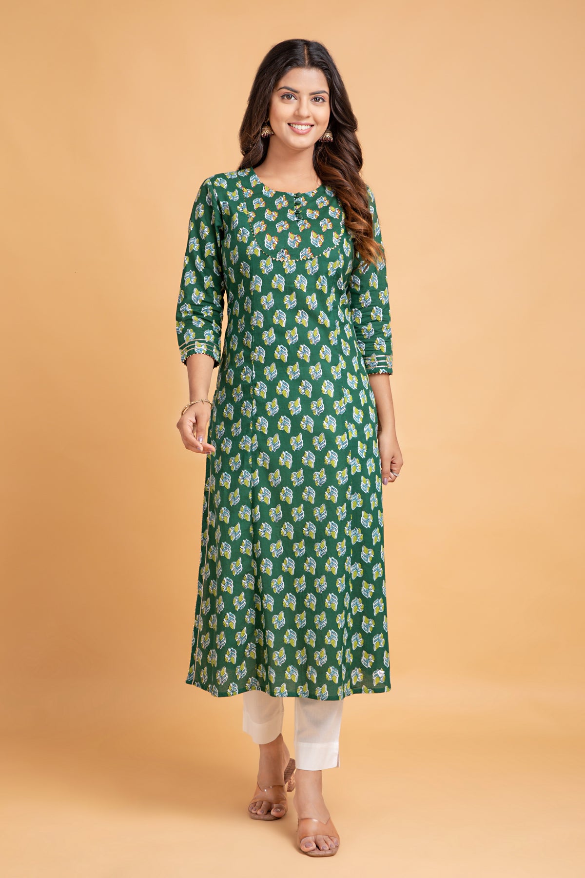 Floral A-Line Long Kurti with Craft Buttons & Lace Work