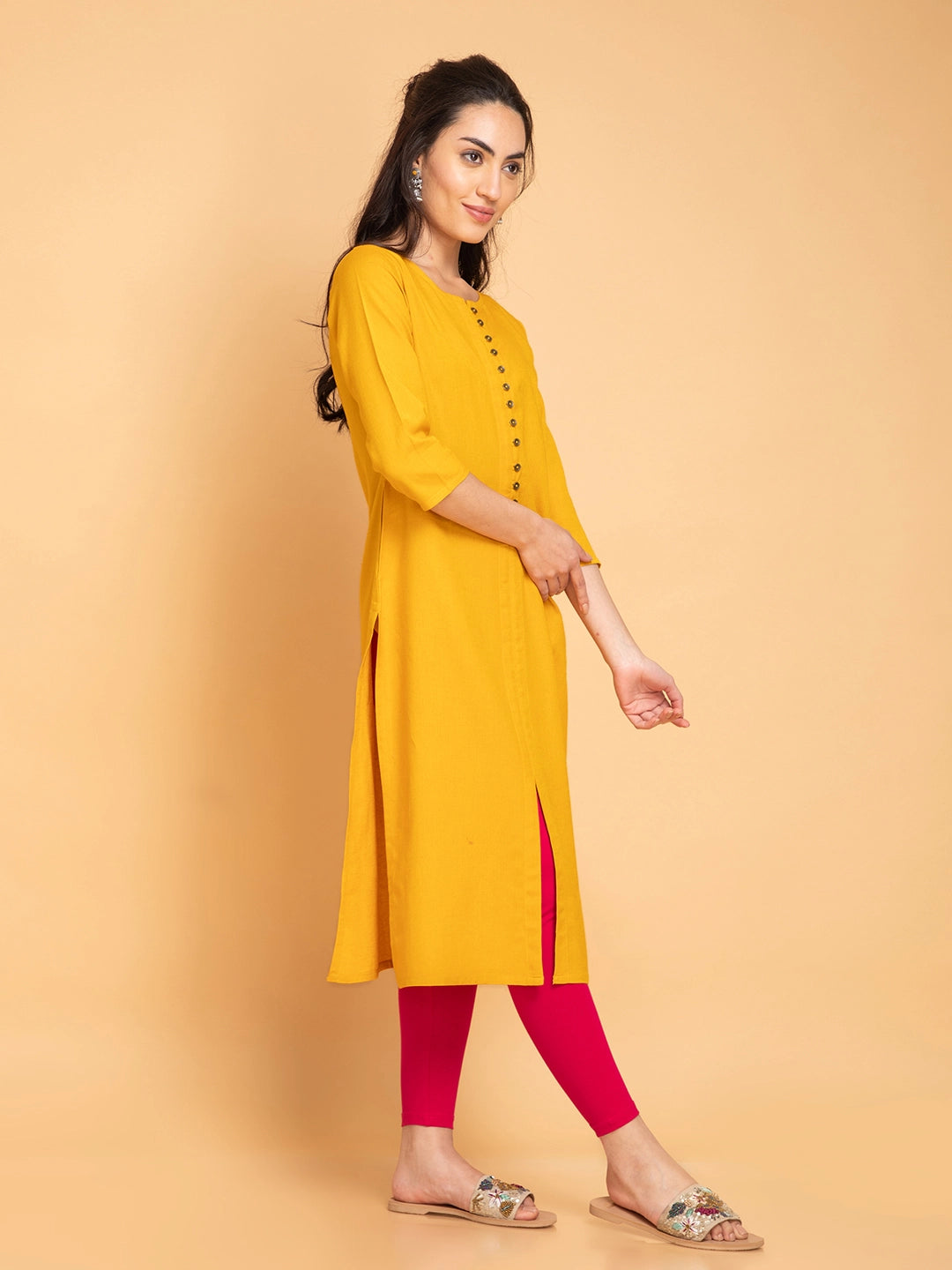 Linen Blend Long Kurti with Metal Buttons