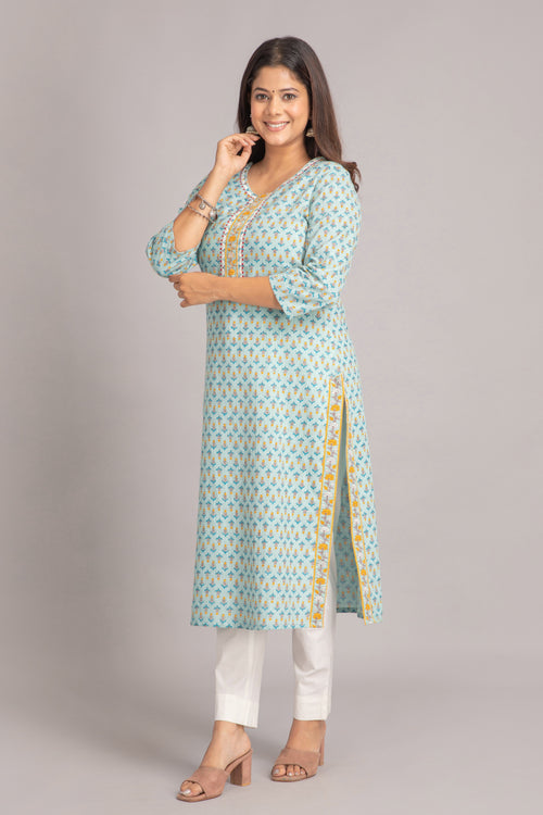 Printed Long Kurti with Embroidery & Sequins Work