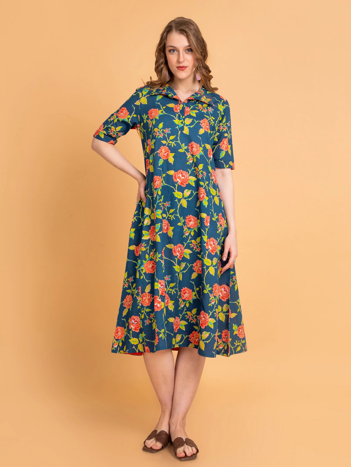 Mul Cotton Floral Print Flared Long Dress