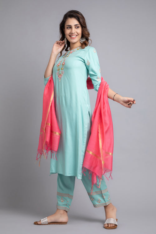 SOLID EMBROIDERED STRAIGHT KURTA AND PANT SET WITH DUPATTA