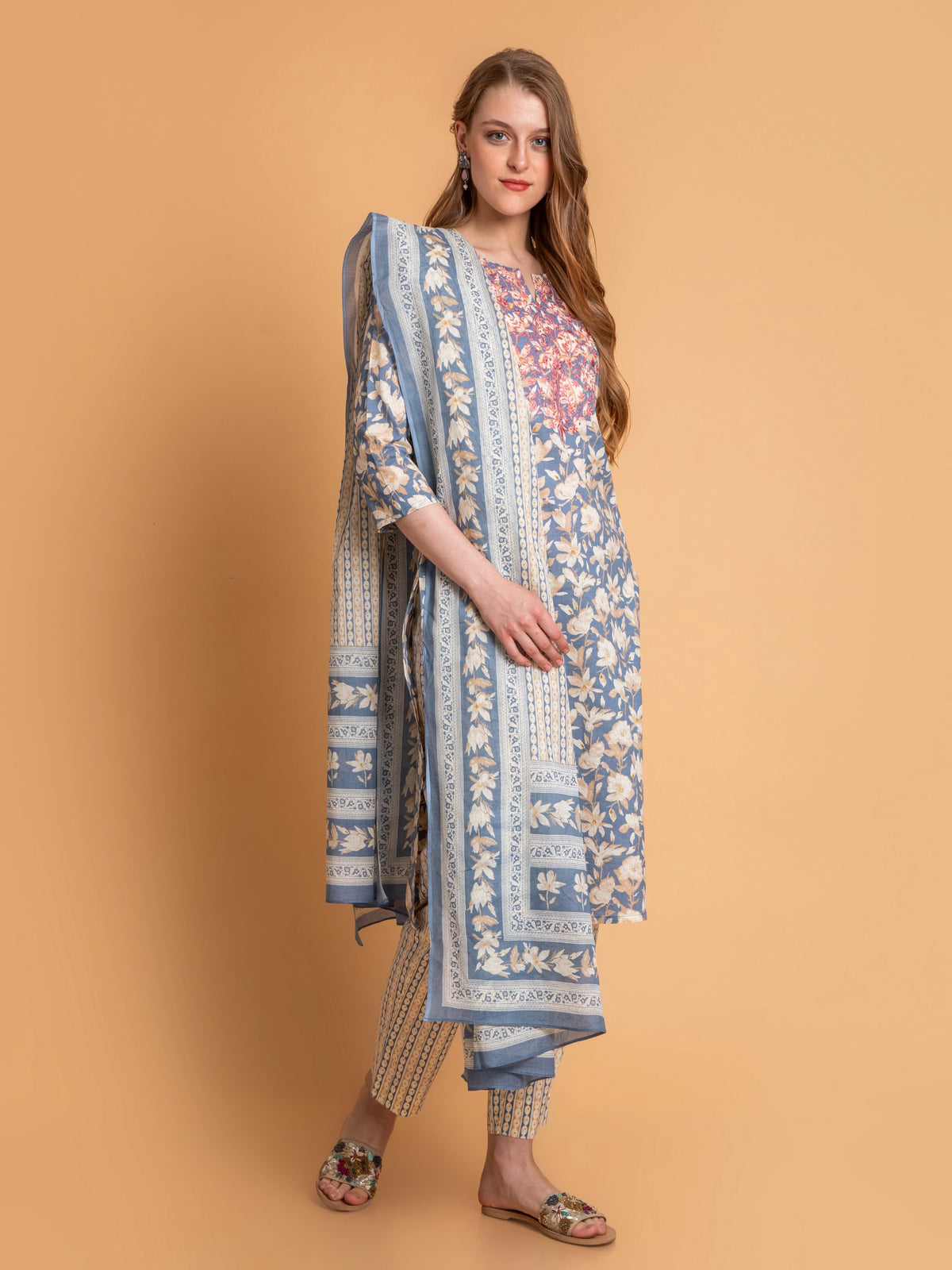 Mul Cotton Floral Printed Embroidered 3Pc Kurta Set