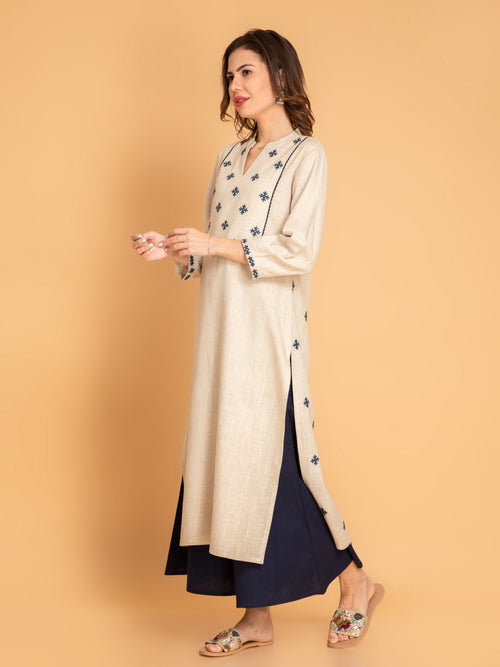 Lace & Mirror Embroidered Straight Kurti