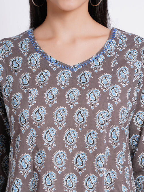 Printed Flared Long Kurti with Handcrafted Embellishments