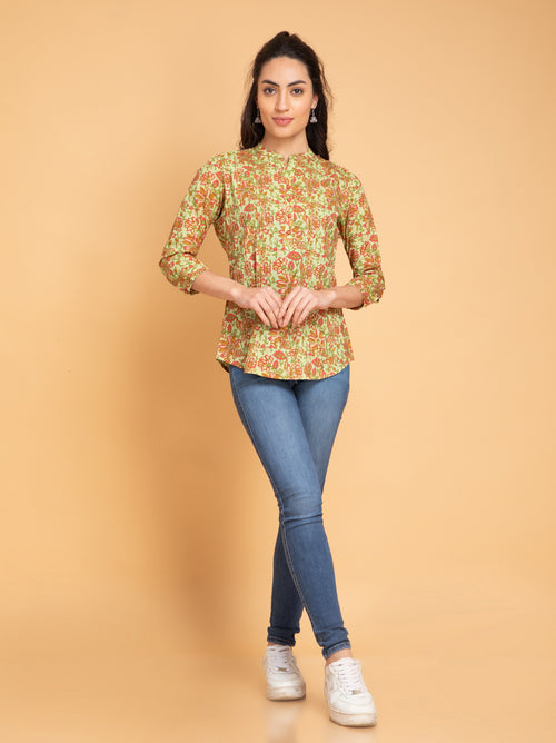 Mul Cotton Floral Printed Short Top with Pintuck Details